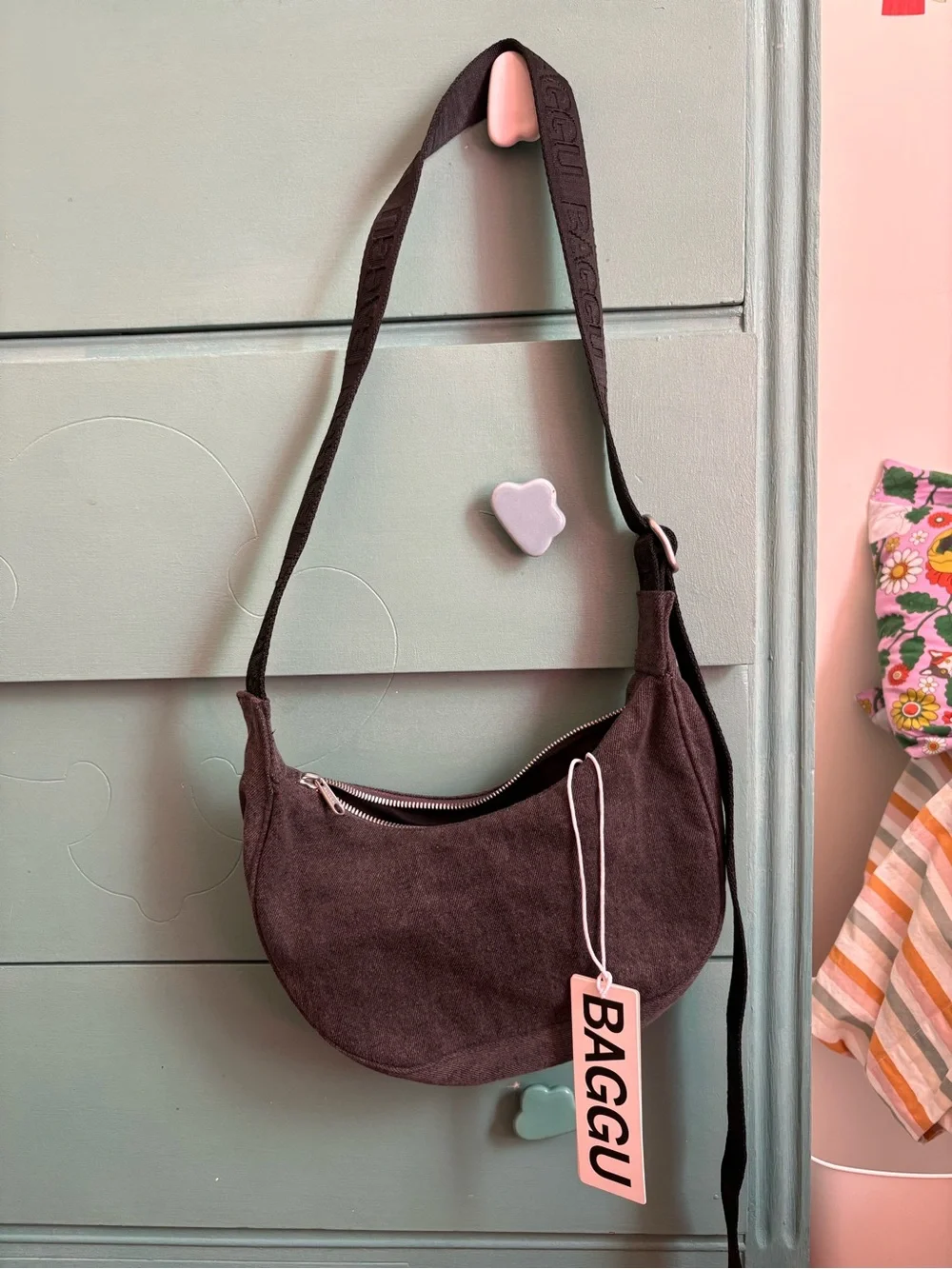 Baggu Small Crescent Shoulder Bag - Washed Black Denim NWT